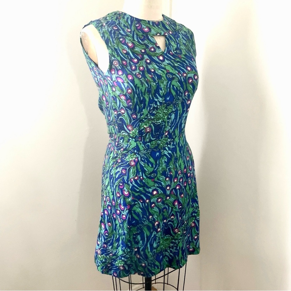 Vintage Retro Peacock Print Tank Dress Keyhole Sleeveless Sundress Homemade 70s